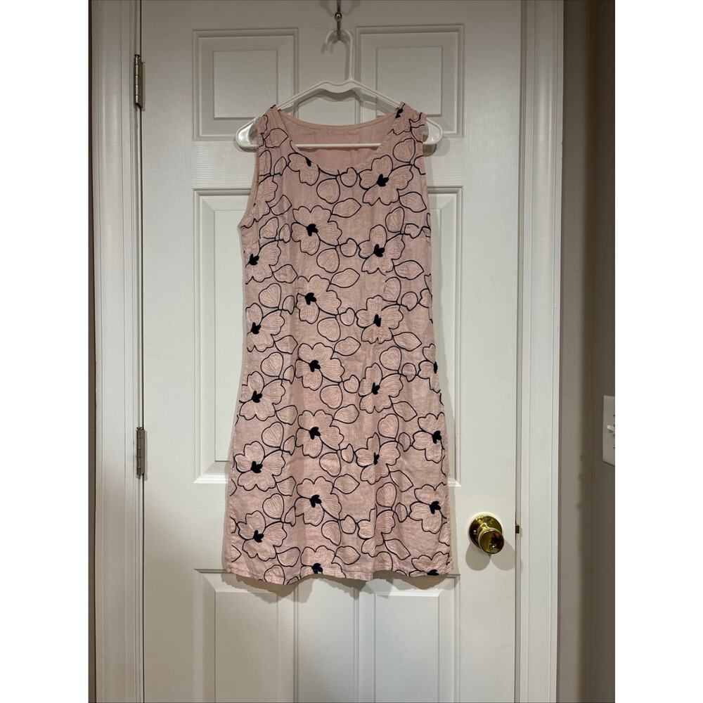Pink Navy 100% Linen Sz M Dress Made in Italy Floral Flowy Spring